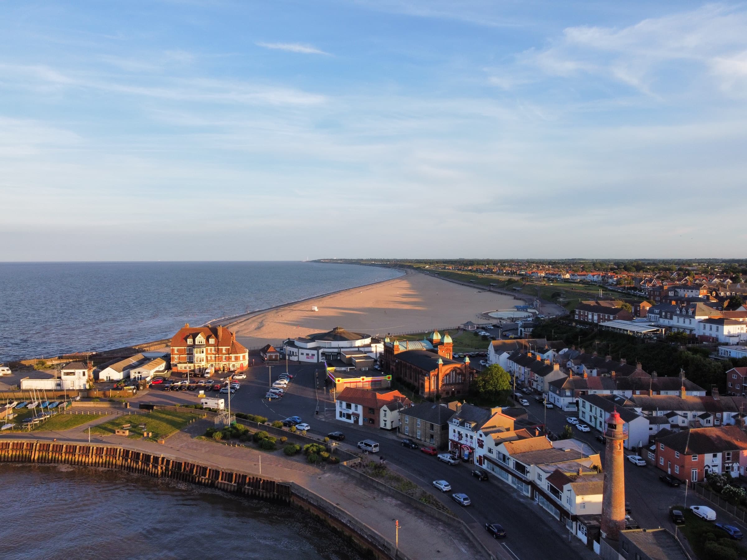 Aerial view of Gorleston seafront, Pavilion Theatre and Bandstand